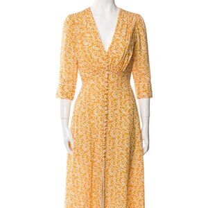 Saloni Eve V-Neck Silk Yellow Dot Midi Dress Size 6